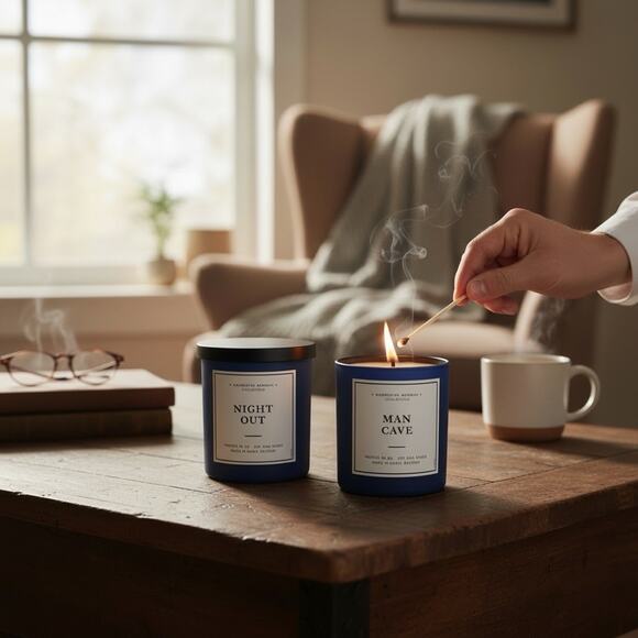 Leoben Co Masculine Aromas Candles Man Cave 9 oz & Night Out 17 oz 50+ Hr‎ Burn